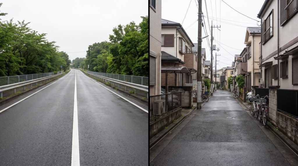 左:中央線のある道路は60km/h、右:中央線のない住宅街の道は30km/h